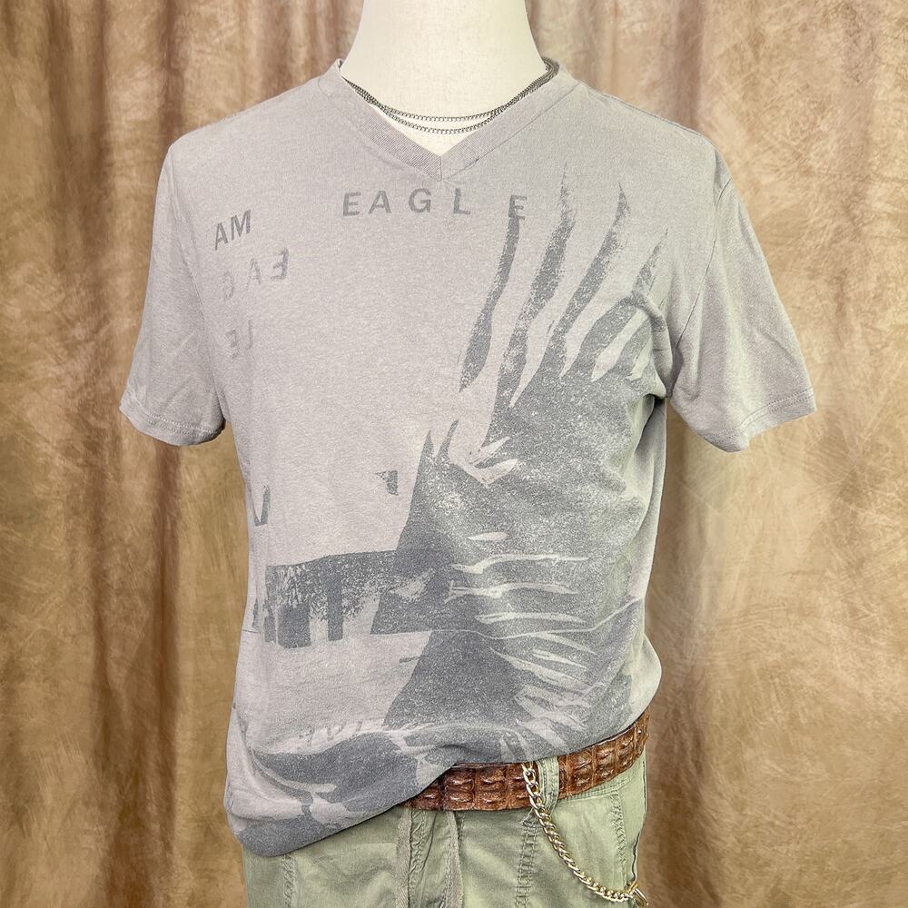 Y2K American Eagle Distressed Graphic T-Shirt Gray V Neck Vintage Fit Indie